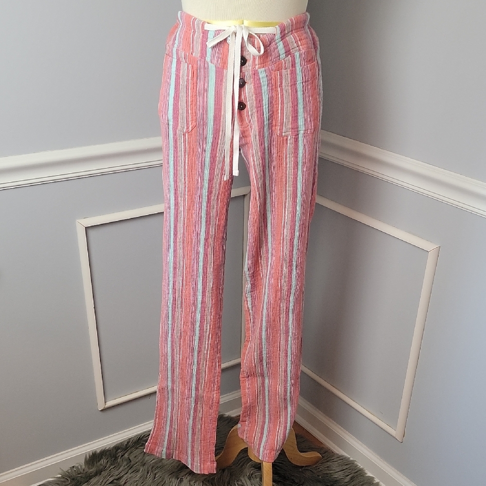 SUNDANCE Gigi Coral Stripe‎ Gauze Patch Pocket Tie Waist Boho Casual Summer Pant